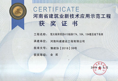 “恒大綠洲項(xiàng)目A10地塊17#、18#、19#樓及地下車(chē)庫(kù)工程”榮獲“河南省建筑業(yè)新技術(shù)應(yīng)用示范工程”金獎(jiǎng)